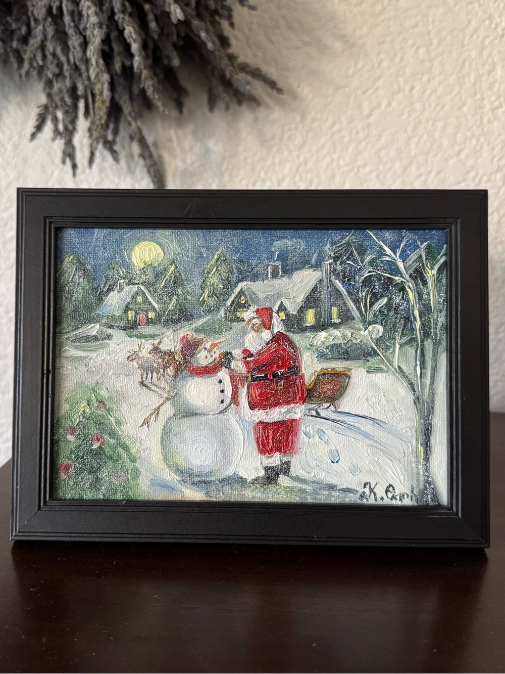 Original oil painting Santa clause snowman Christmas signed framed 5x7 inches